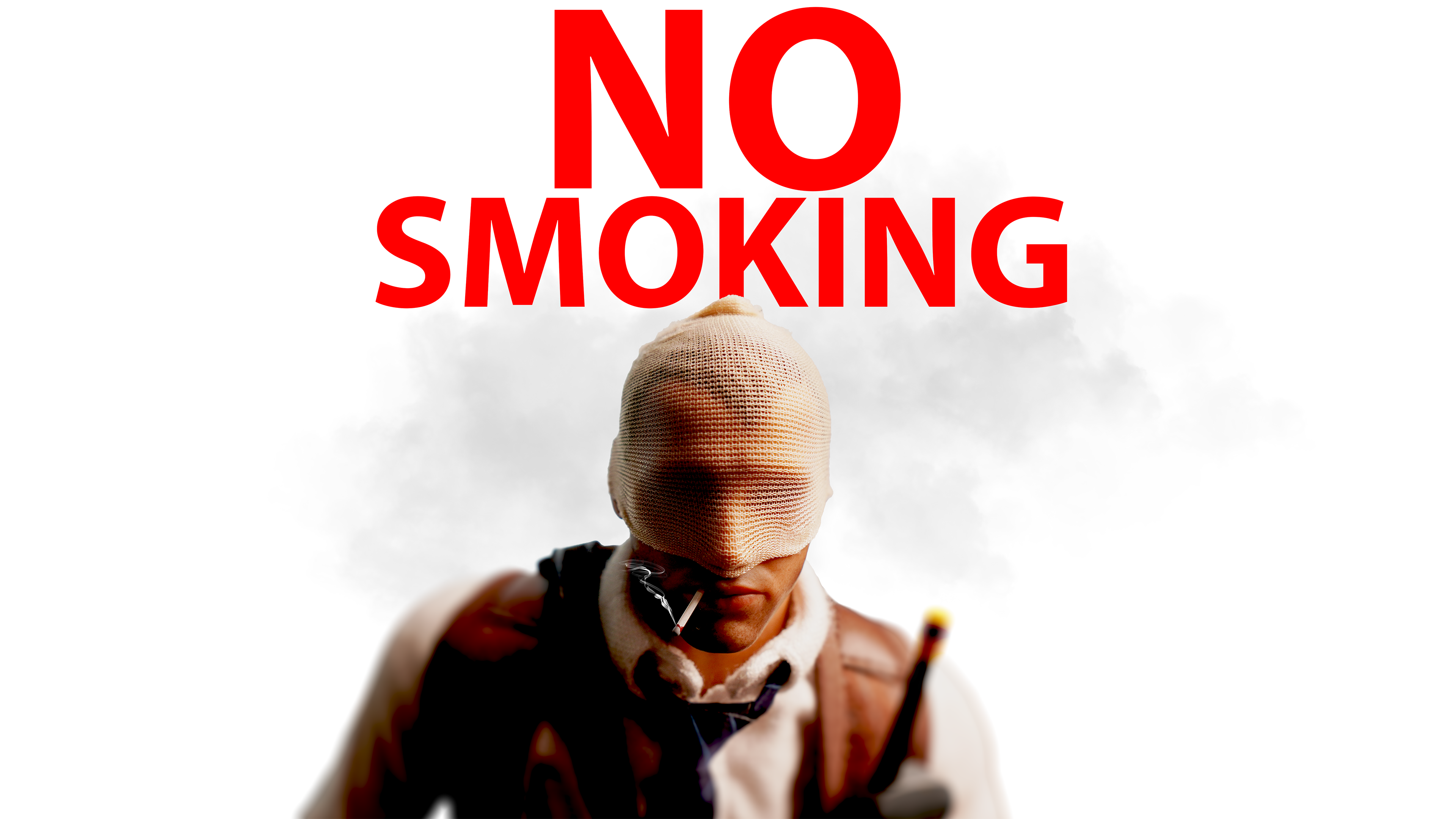 Agent number K figurine with text no smoking behind his face while smoking a cigarette. White background.